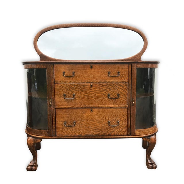 Antique Larkin Tiger Oak Curved Curio Glass Mirrored Buffet Sideboard