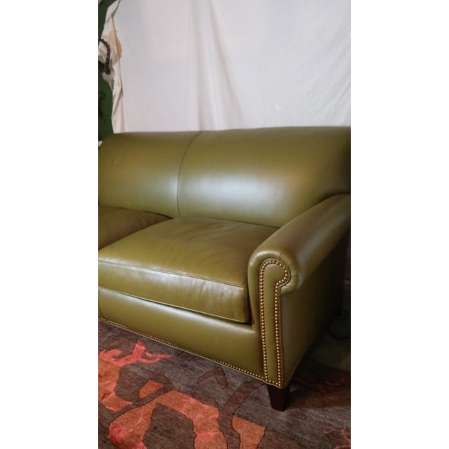 Olive Green Leather Sofa by Hancock & Moore | Chairish