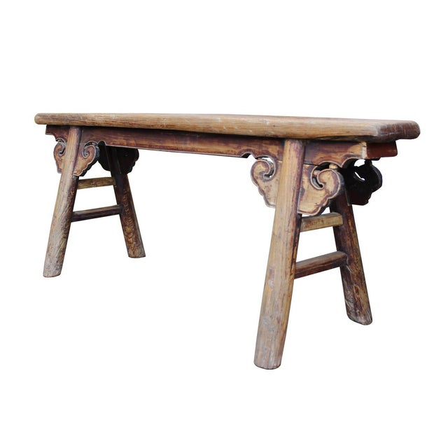 Vintage Chinese Slim Carving Apron Wood Seating Bench 