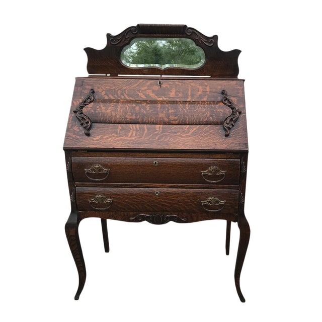 Antique Victorian Tiger Oak Mirrored Drop Front Secretary Writing Desk Chairish