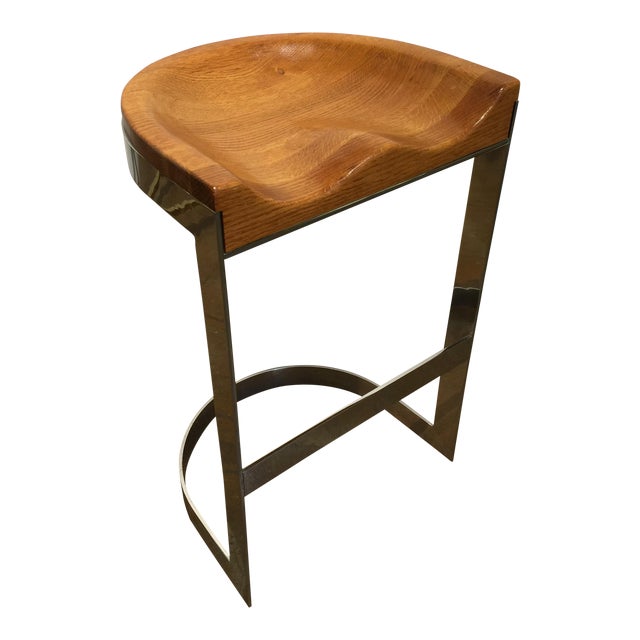 Warren Bacon Chrome Bar Stool, Sculpted Oak Seat Chairish