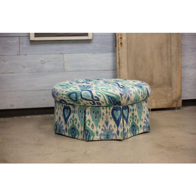Blue and Green Damask Round Tufted Ottoman Chairish