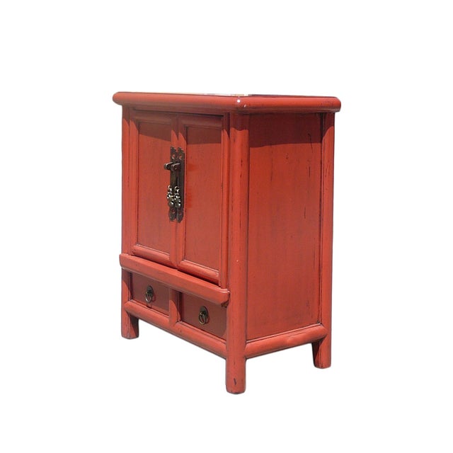 Red Lacquer Chinese Hardware End Table Nighstand | Chairish