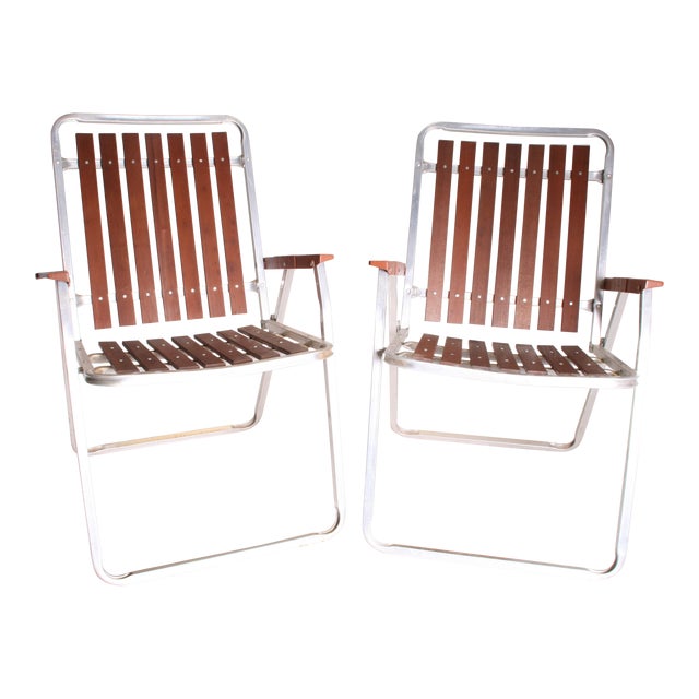 Mid Century Redwood Aluminum Folding Patio Chairs A Pair Chairish