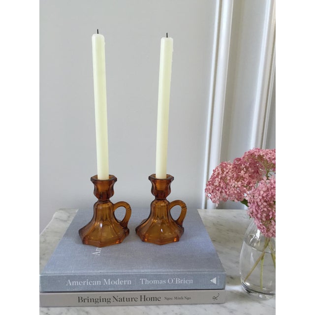 MidCentury Amber Glass Candle Holders A Pair Chairish