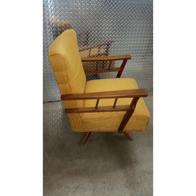 MCM Gold Chenille and Wood Swivel Lounge Chair Chairish