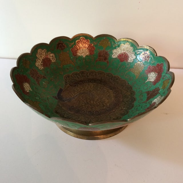 Vintage Brass Scalloped Edged Hand Painted Peacock Bowl Chairish