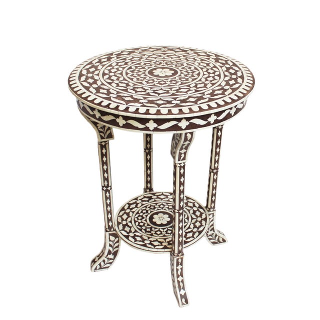 Bone Inlay Round Side Table, Brown | Chairish