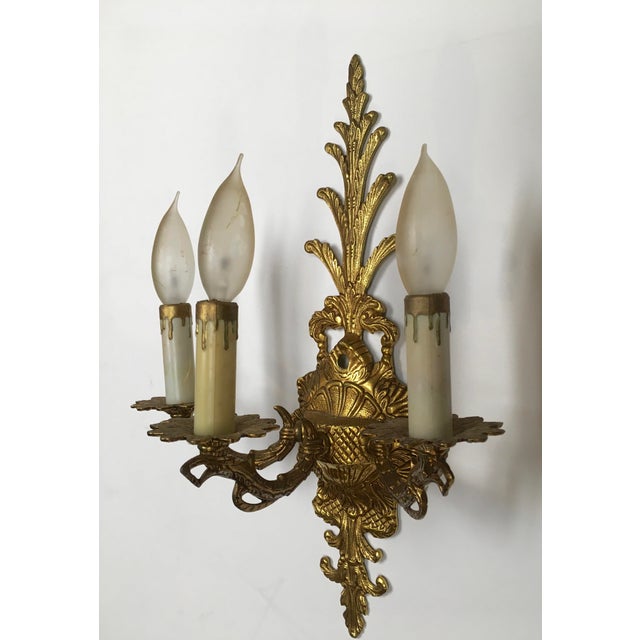 Pair of Vintage Ornate Brass Three Candle Wall Sconces Chairish