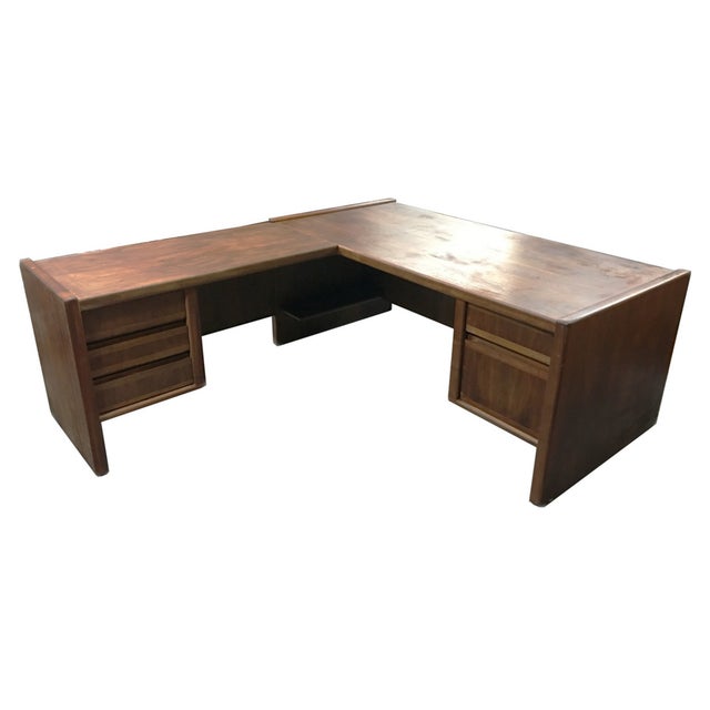Mid Century Modern Minimalist Wood Desk With Return | Chairish