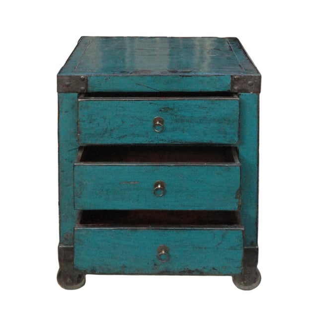 Chinese Rustic Blue Nightstand on Wheels Chairish