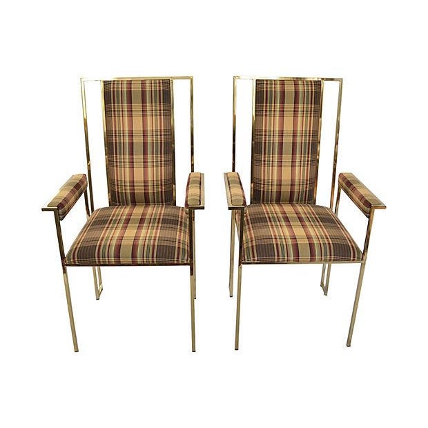 Modern Brass Finish & Plaid Armchairs A Pair Chairish