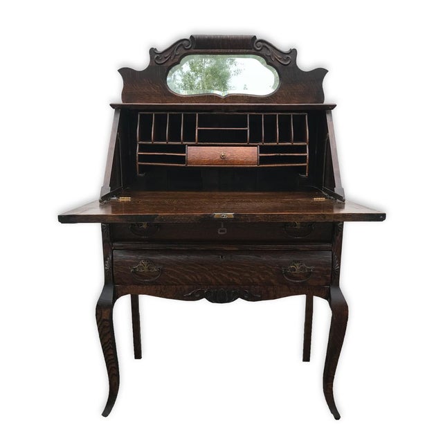 Antique Victorian Tiger Oak Mirrored Drop Front Secretary Writing Desk