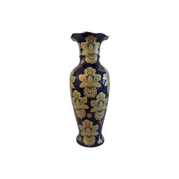 Vintage Large Navy Blue & Gold Ceramic Vase Chairish