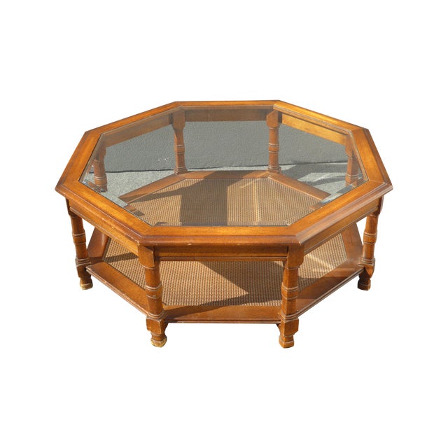 Mid Century Octagon Beveled Glass Top Coffee Table | Chairish