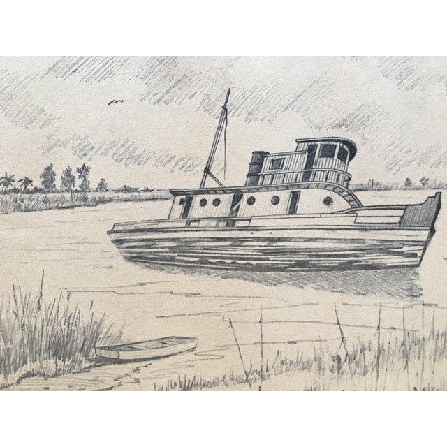 Pencil on Paper Vintage Fishing Boat Drawing | Chairish