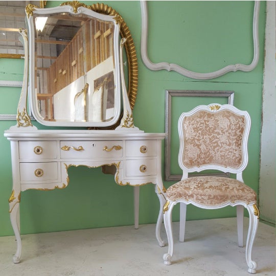Antique White Makeup Vanity With Mirror & Chair Chairish