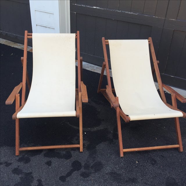 Wood Slingback Canvas Chairs A Pair Chairish