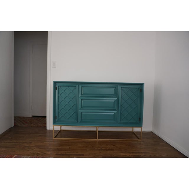 MidCentury Blue Lacquer & Brass Credenza Chairish