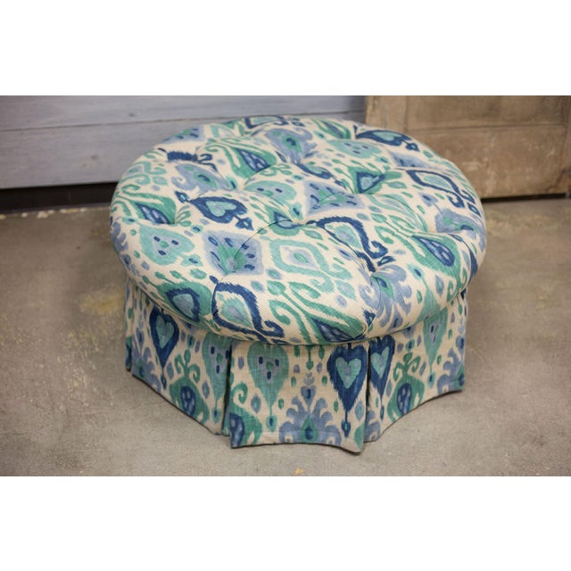 Blue and Green Damask Round Tufted Ottoman Chairish