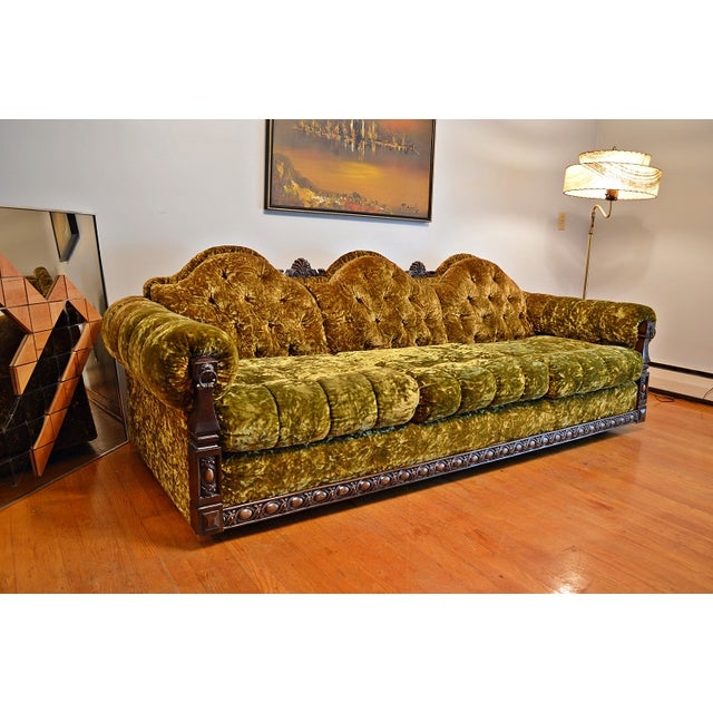 Gothic Mid-Century Crushed Green Velvet Sofa | Chairish