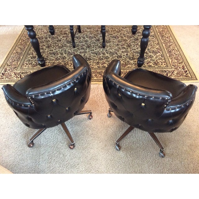 Vintage MCM Black Vinyl Swivel Chairs - Pair | Chairish