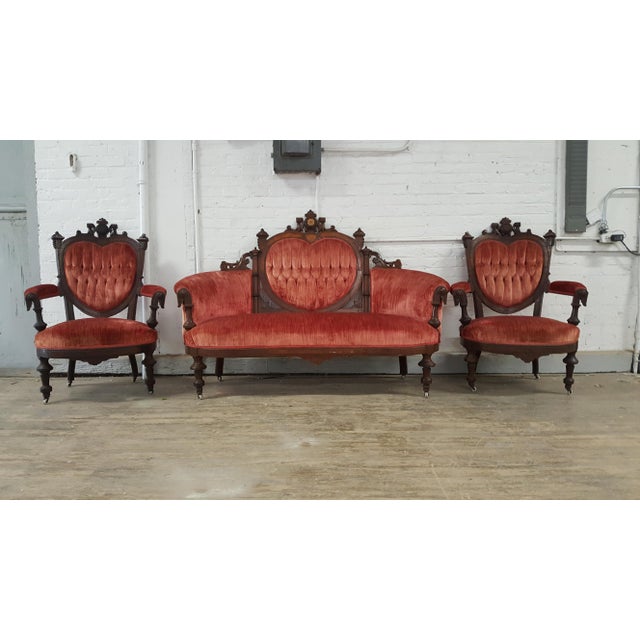 Antique Eastlake HeartBack Red Velvet Settee & Chairs Set of 3 Chairish