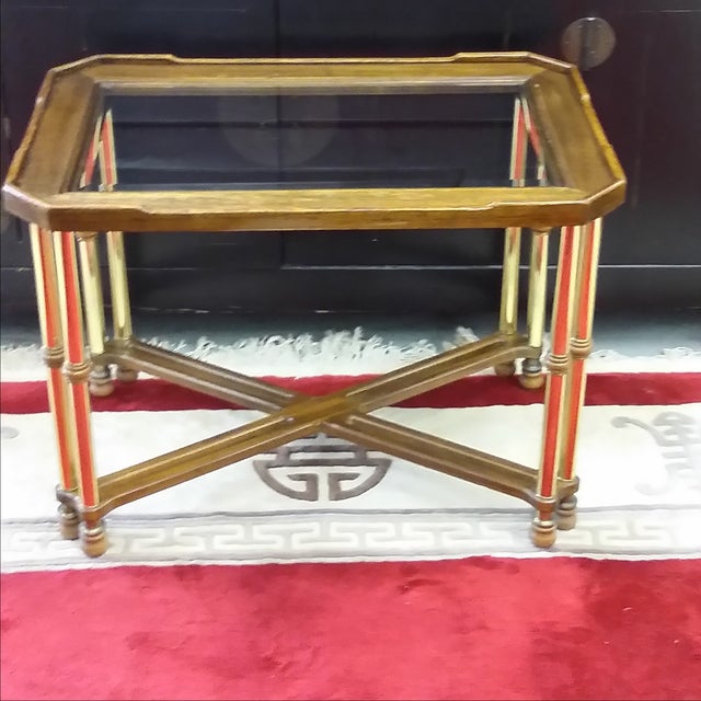 Hollywood Regency Glass Top Wood & Brass End Table | Chairish