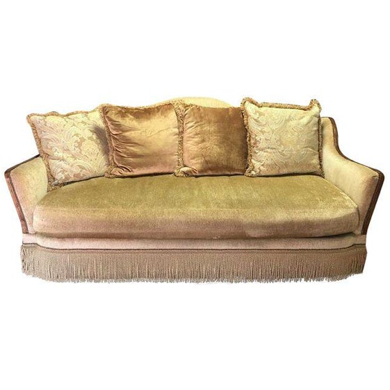 Camel Back Champagne Fringe Skirt Sofa | Chairish