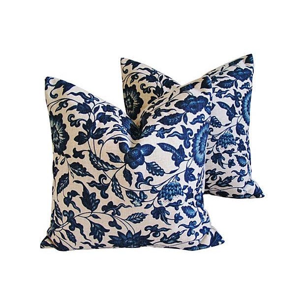 Indigo Blue Scrolling Floral Linen Pillows Pair Chairish