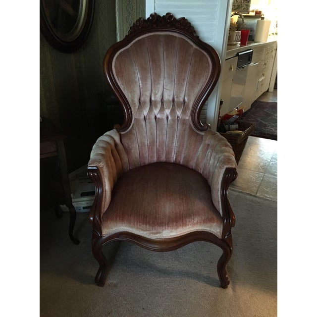 Victorian Velvet & Hand Carved Wooden Accent Chair | Chairish