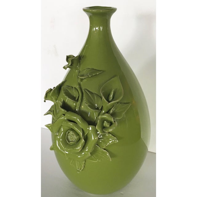 Tall Olive Green Ceramic Art Vase With Superimposed Flowers Chairish