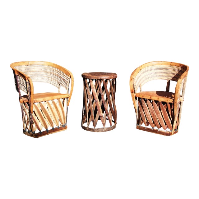 Vintage Mexican Equipale 2 Leather Barrel Chairs & Table ...