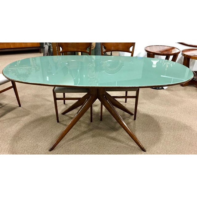 Italian Mid-Century Oval Green Glass Top & Walnut Dining ...