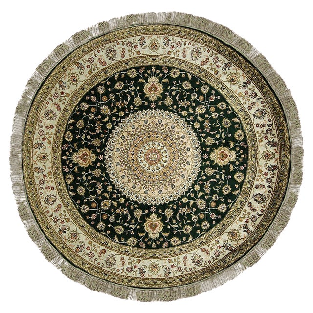 Round Persian Pure Silk Kashan Green Rug 6' x 6' Chairish