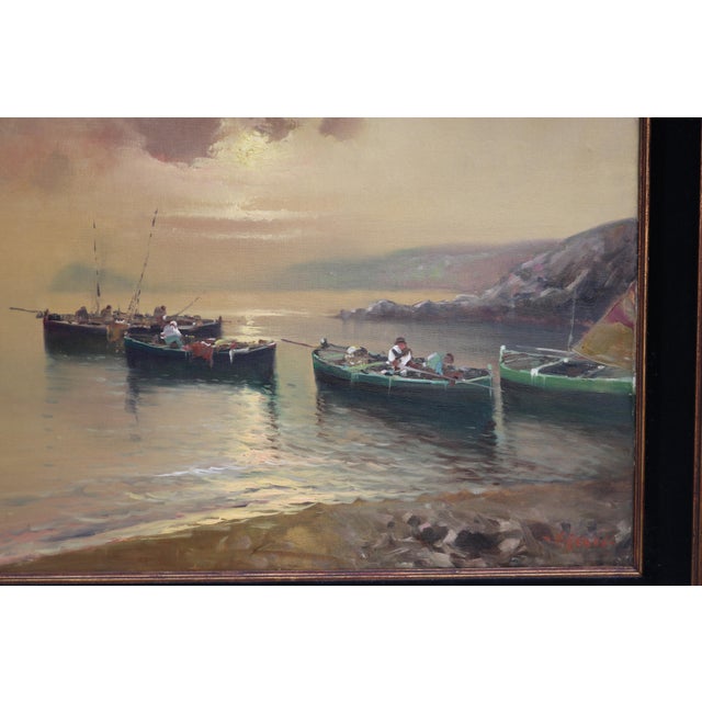 Vintage Italian Fishing Boats in Harbor Oil Painting ...
