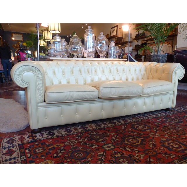 Pale Yellow Leather Chesterfield Sofa | Chairish