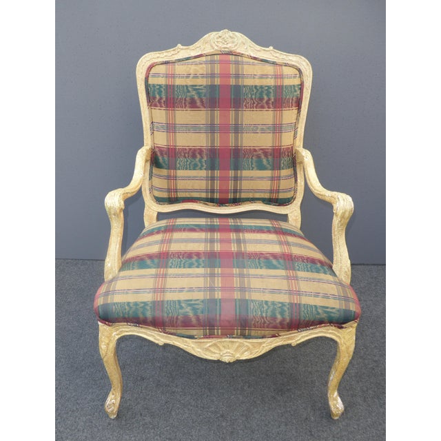Vintage French Country Plaid Burgundy Accent Chair Off White Crackle