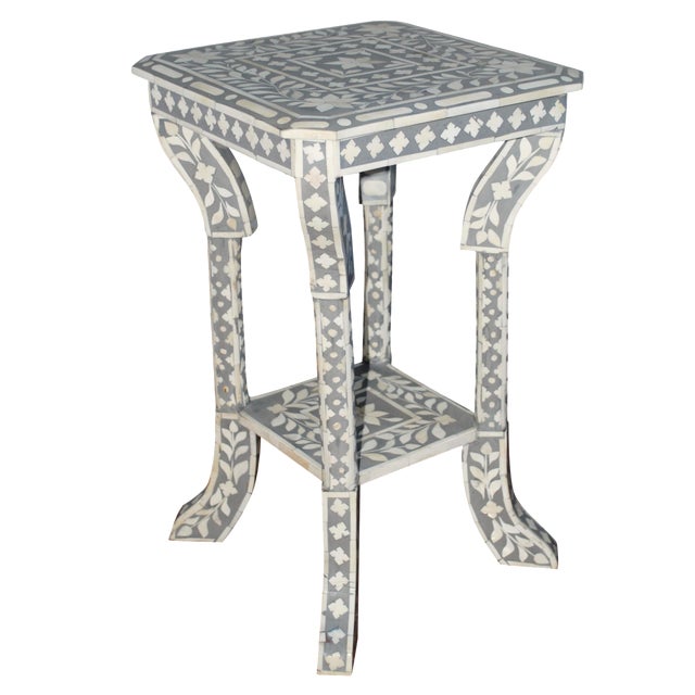 Indian Gray Bone Inlay Side Table | Chairish