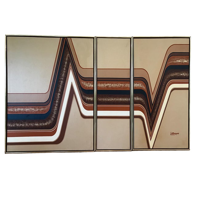1970s MidCentury Modern Retro Geometric Chevron Triptych Letterman