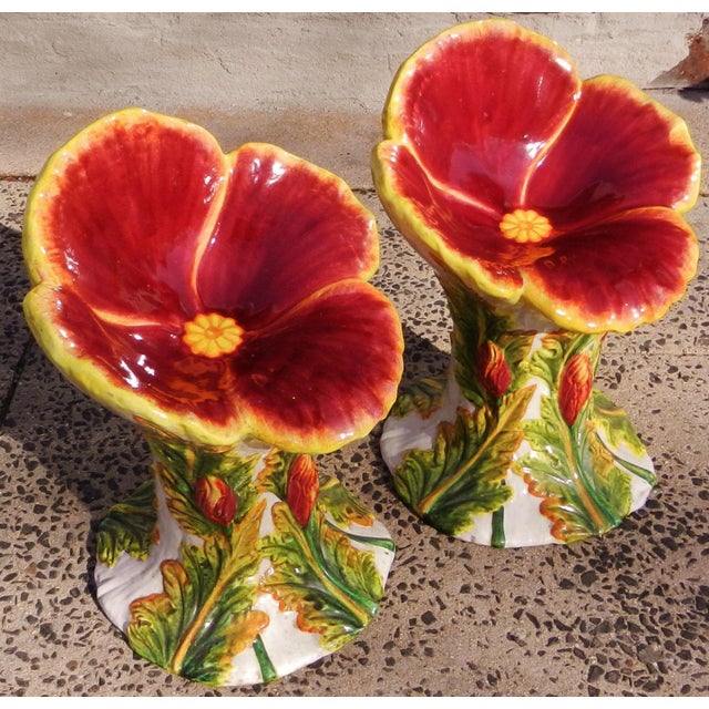 Italian Glazed Terracotta Pottery Majolica Garden Chairs a Pair