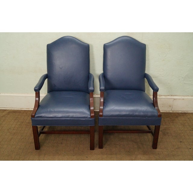 Blue Leather Chippendale Style Arm Chairs - Pair | Chairish