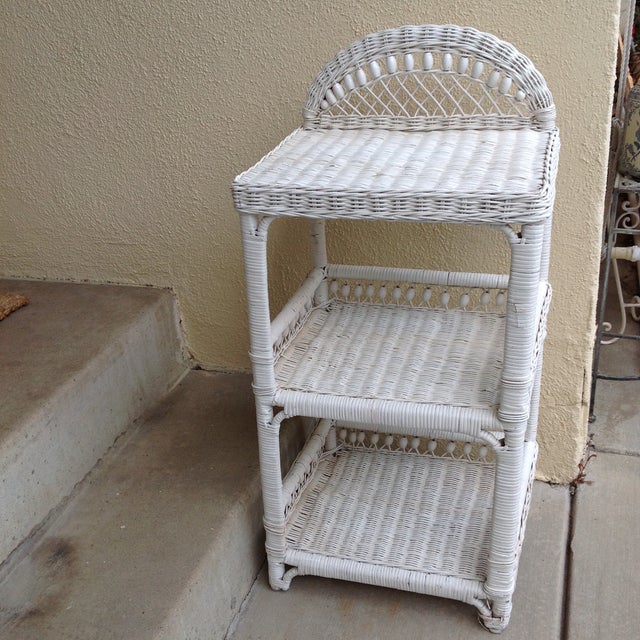 Vintage White Wicker Wood Shelf Unit Chairish