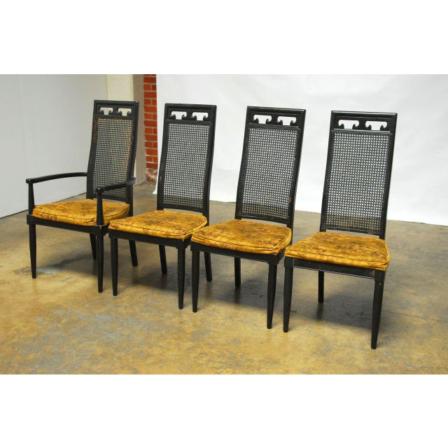 Asian Style Cane Black Lacquer Dining Chairs Set of 8