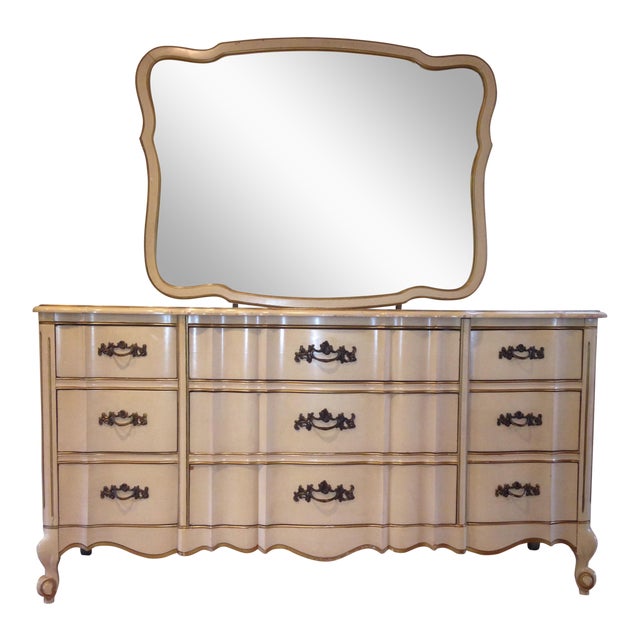 Vintage French Provincial Kent Coffey Gold & White Dresser & Mirror
