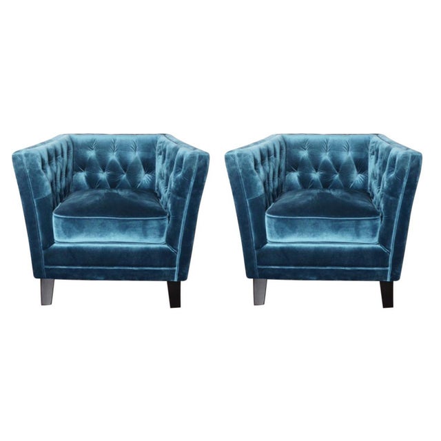 Tufted Blue Velvet Chairs - Pair | Chairish
