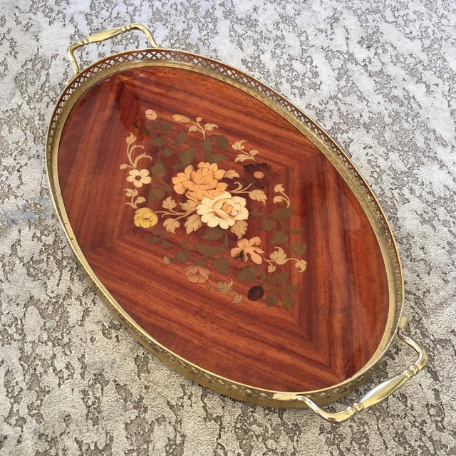 Italian Marquetry Inlaid Wood & Brass Tray Chairish