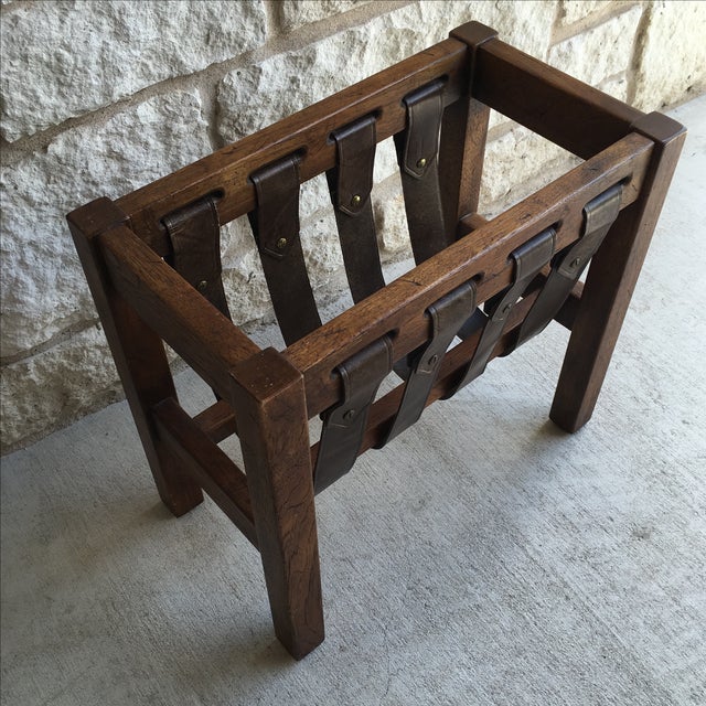 Vintage Wood & Leather Magazine Rack Chairish