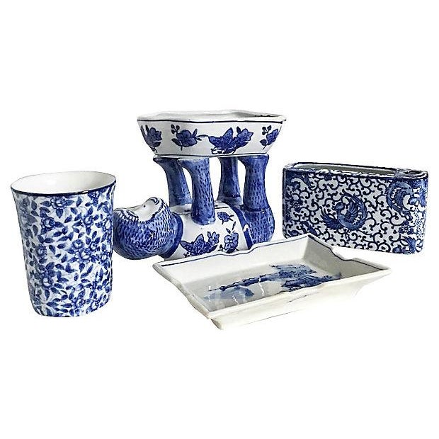 Blue & White Bathroom Accessories - Set of 4 | Chairish