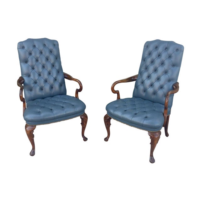 Vintage Blue Tufted Leather Chairs A Pair Chairish